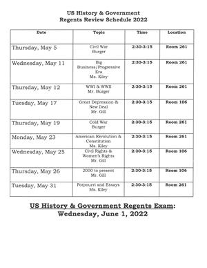 US History & Government Review Schedule