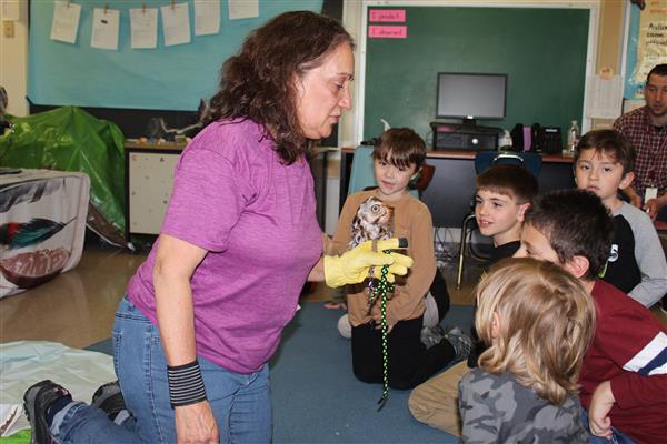  woman holding owl for students 